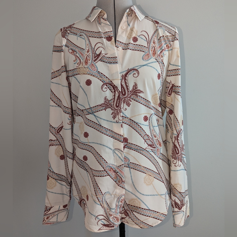 Vintage Inspired H&M Button Down Blouse SMALL Size 2 Paisley Chain Medallion